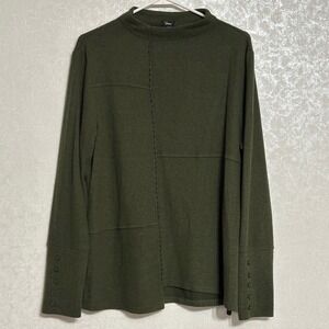 Shana Mock Neck Button Cuff Sweater Top Exposed Seam Knit Olive Green Boho‎ M